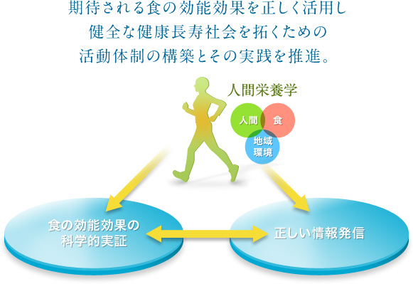 期待される食の効能効果を正しく活用し健全な健康長寿社会を拓くための活動体制の構築とその実践を推進。